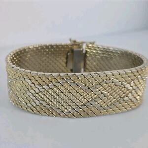 Vtg 90s Woven Mesh 14k Gold Plated Italian Bracelet Double Clasp 7.5 Inches